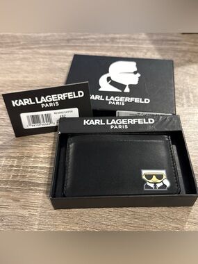 Karl Lagerfeld Black Leather Card & Key Holder with Icon Patch